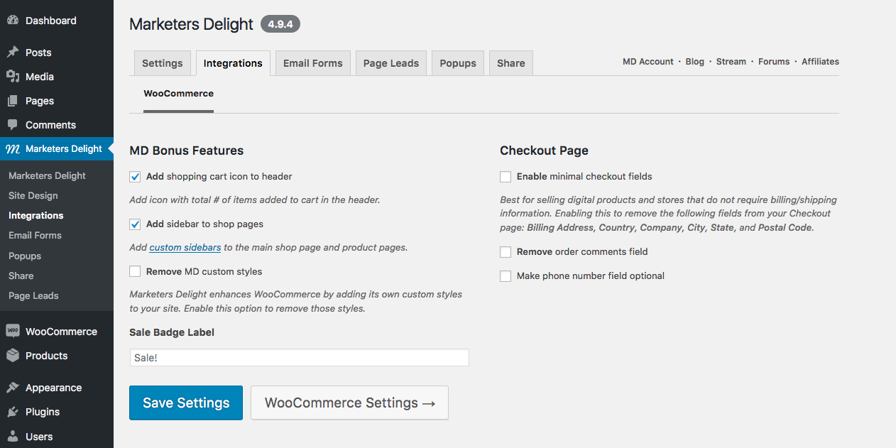 Marketers Delight and WooCommerce integration